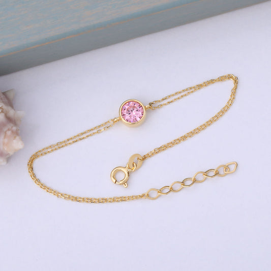 Round Pink Tourmaline Bezel Bracelet in 14K Solid Gold | October Birthstone