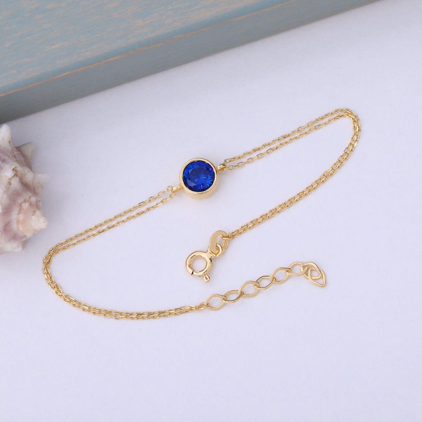 Round Sapphire Bezel Bracelet in 14K Solid Gold | September Birthstone