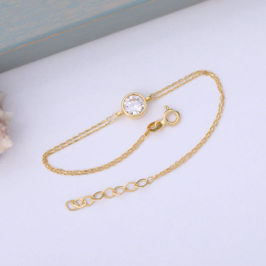 Round White Topaz Bezel Bracelet in 14K Solid Gold | April Birthstone