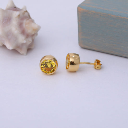 Round Yellow Topaz Bezel Stud Earrings in 14K Solid Gold | Birthstone Jewelry