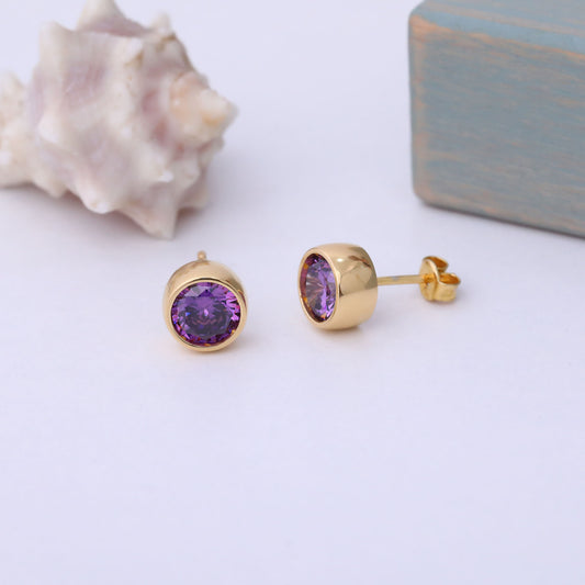 Round Amethyst Bezel Stud Earrings in 14K Solid Gold | February Birthstone