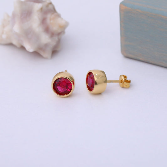 Round Ruby Bezel Stud Earrings in 14K Solid Gold | July Birthstone