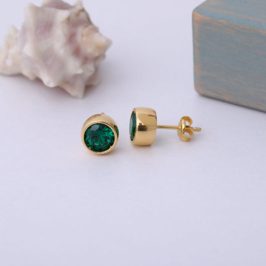 Round Emerald Bezel Stud Earrings in 14K Solid Gold | May Birthstone