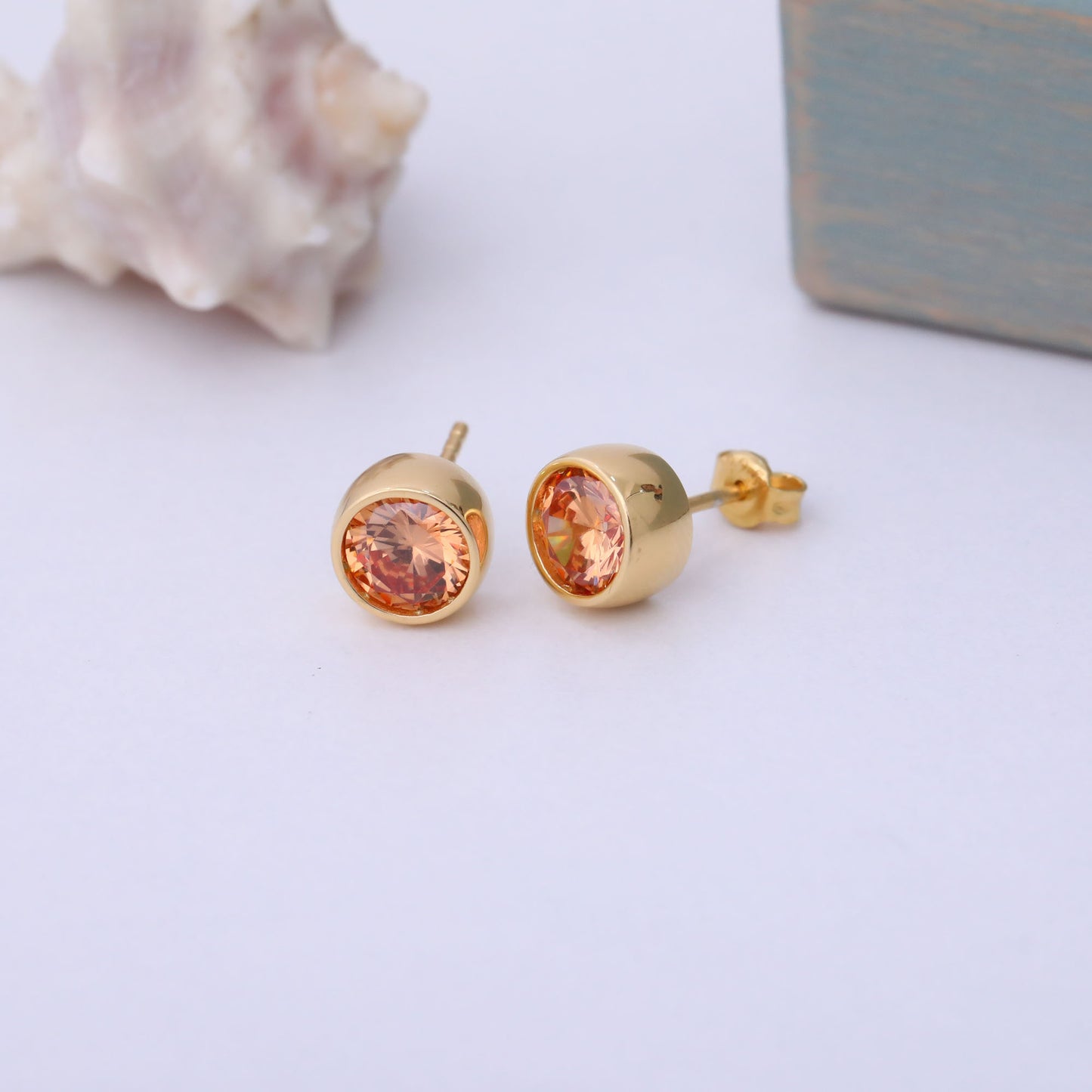 Round Citrine Bezel Stud Earrings in 14K Solid Gold | November Birthstone