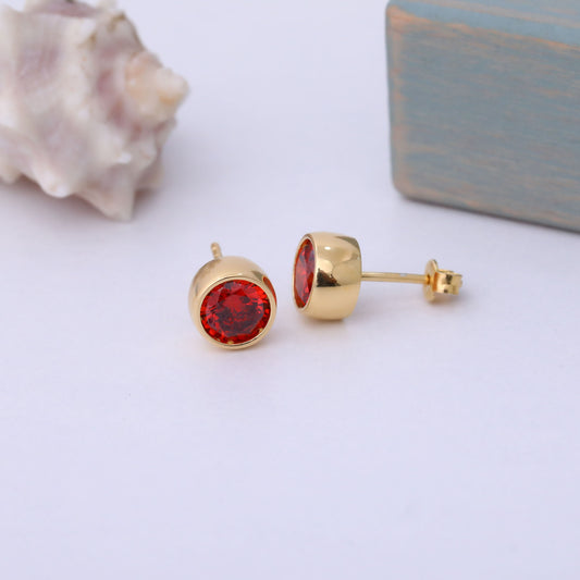 Round Garnet Bezel Stud Earrings in 14K Solid Gold | January Birthstone