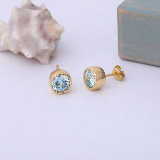 Round Aquamarine Bezel Stud Earrings in 14K Solid Gold | March Birthstone