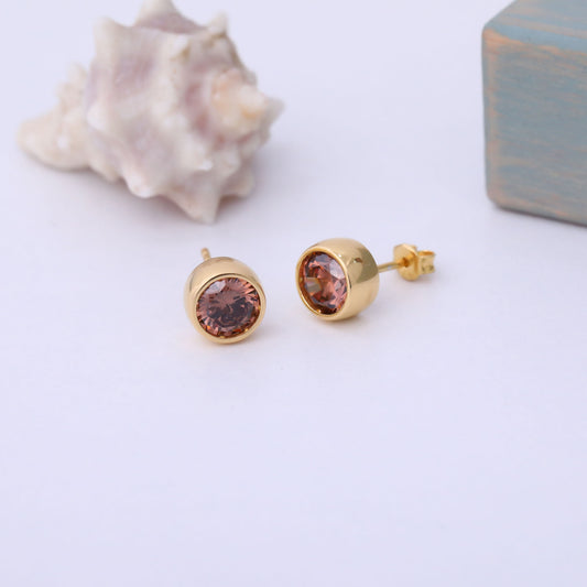 Round Smoky Quartz Bezel Stud Earrings in 14K Solid Gold | Birthstone Jewelry