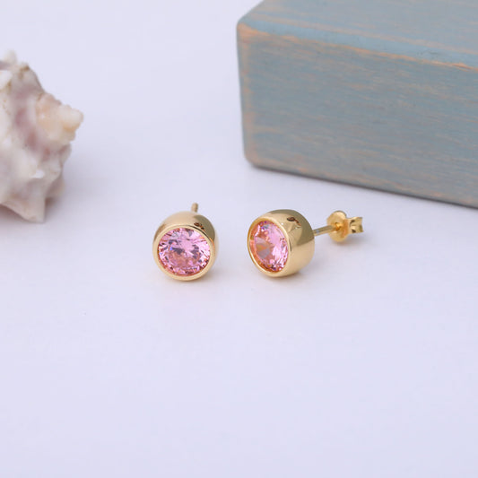 Round Pink Tourmaline Bezel Stud Earrings in 14K Solid Gold | October Birthstone