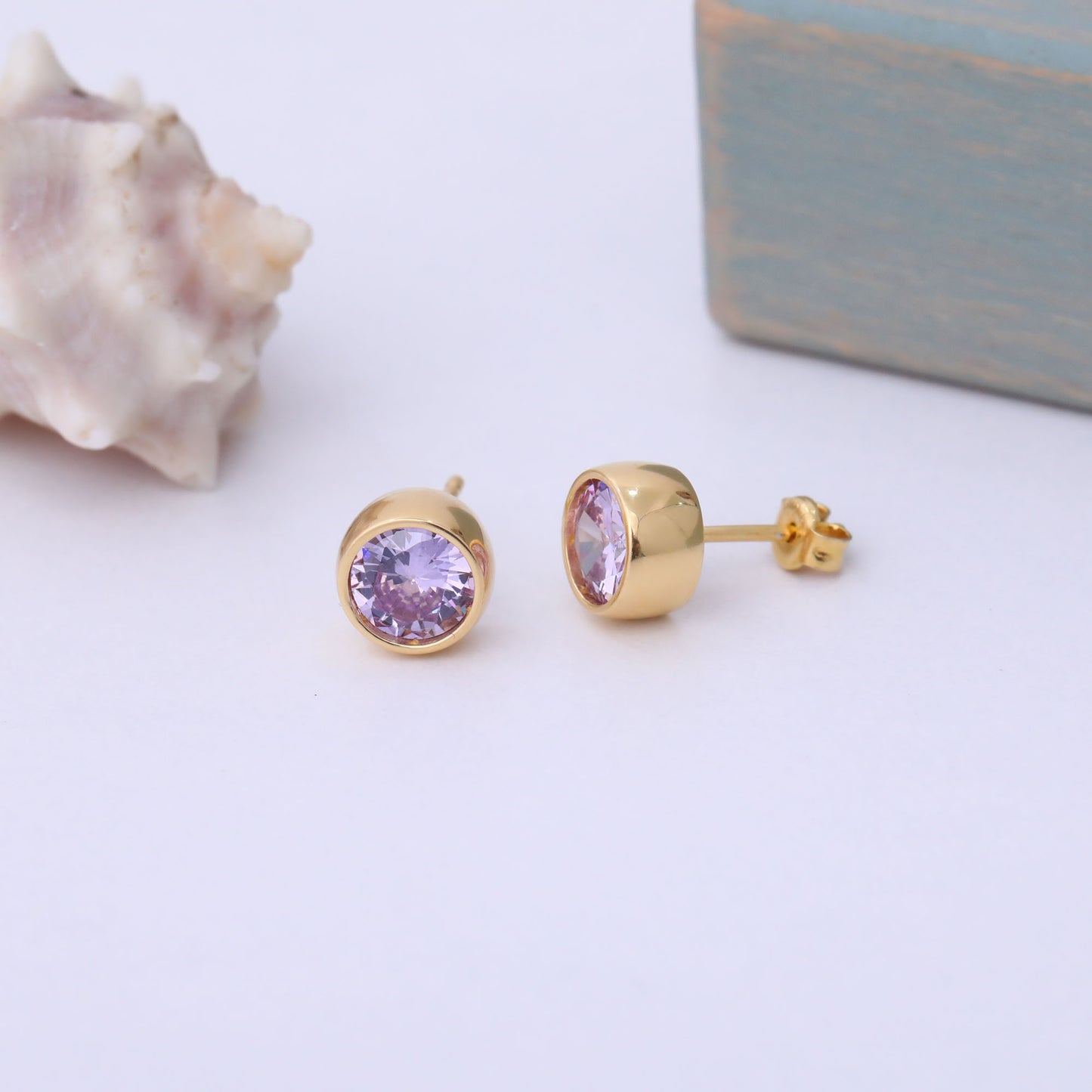 Round Alexandrite Bezel Stud Earrings in 14K Solid Gold | June Birthstone