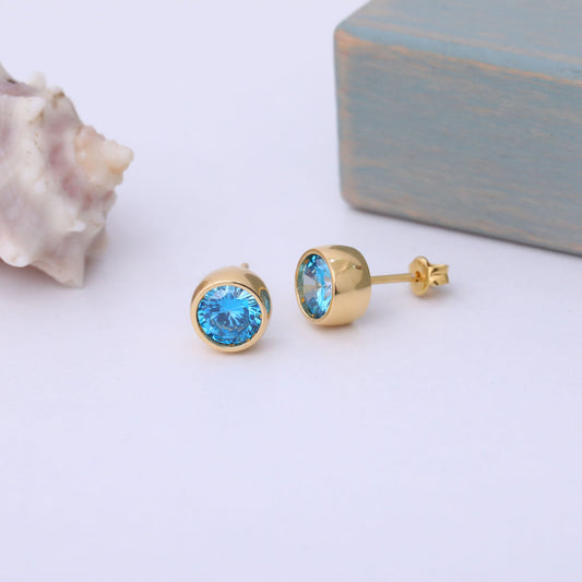 Round Blue Topaz Bezel Stud Earrings in 14K Solid Gold | December Birthstone