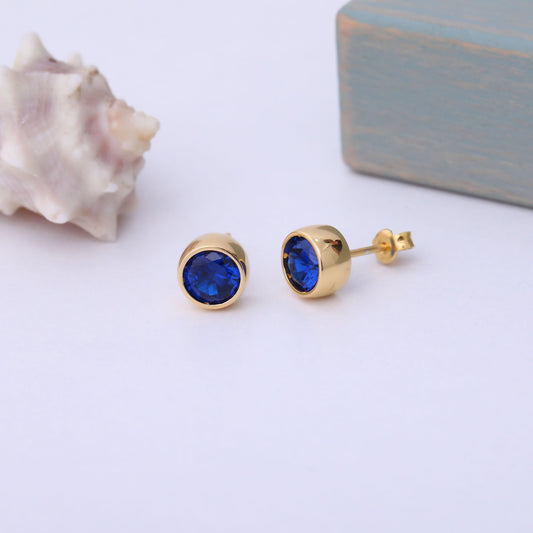 Round Sapphire Bezel Stud Earrings in 14K Solid Gold | September Birthstone