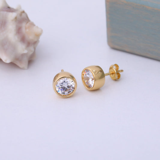 Round White Topaz Bezel Stud Earrings in 14K Solid Gold | April Birthstone