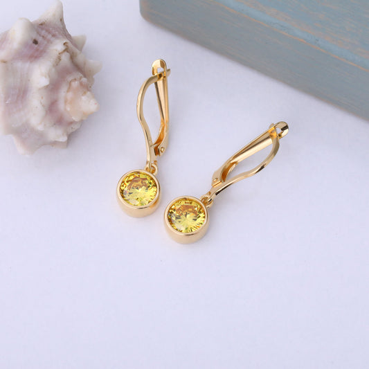 Round Yellow Topaz Bezel Dangle Earrings in 14K Solid Gold | Birthstone Jewelry