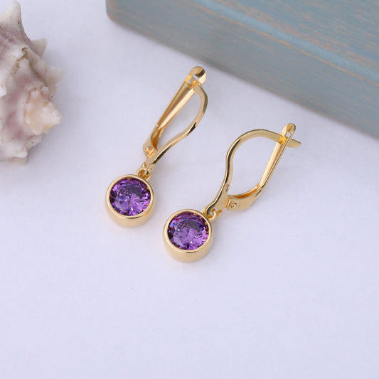 Round Amethyst Bezel Dangle Earrings in 14K Solid Gold | February Birthstone