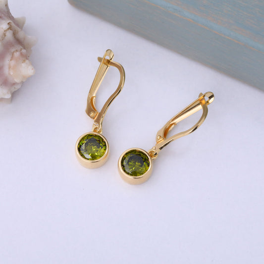 Round Peridot Bezel Dangle Earrings in 14K Solid Gold | August Birthstone