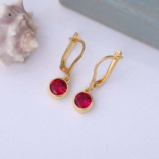 Round Ruby Bezel Dangle Earrings in 14K Solid Gold | July Birthstone