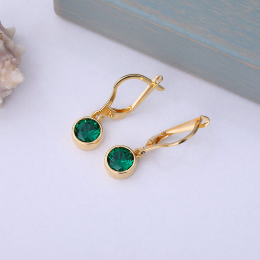 Round Emerald Bezel Dangle Earrings in 14K Solid Gold | May Birthstone