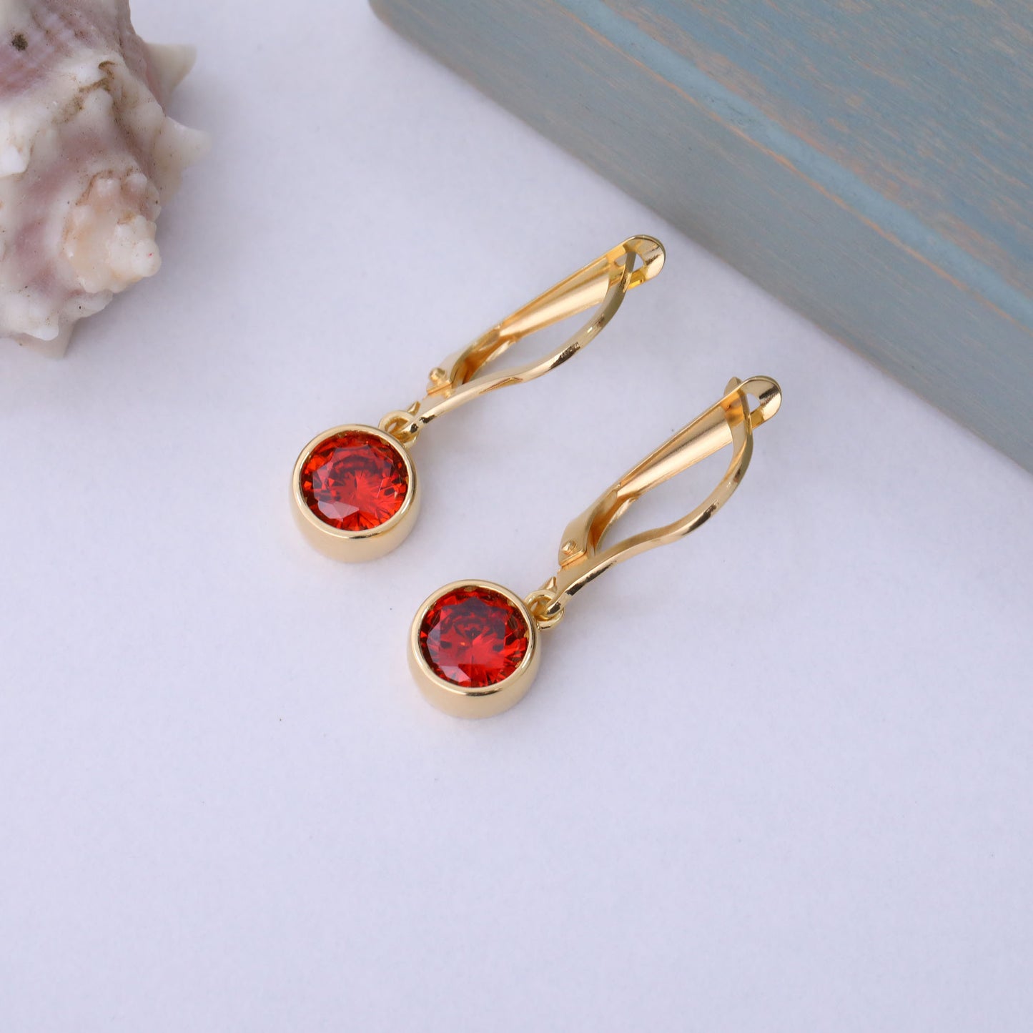 Round Garnet Bezel Dangle Earrings in 14K Solid Gold | January Birthstone