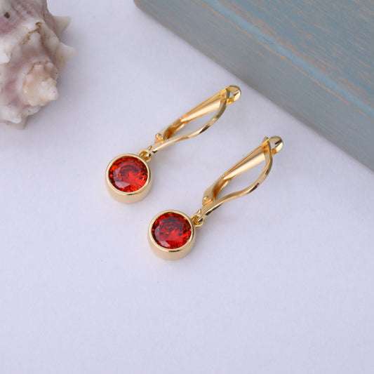 Round Garnet Bezel Dangle Earrings in 14K Solid Gold | January Birthstone