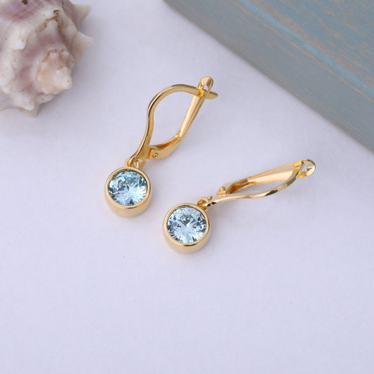 Round Aquamarine Bezel Dangle Earrings in 14K Solid Gold | March Birthstone