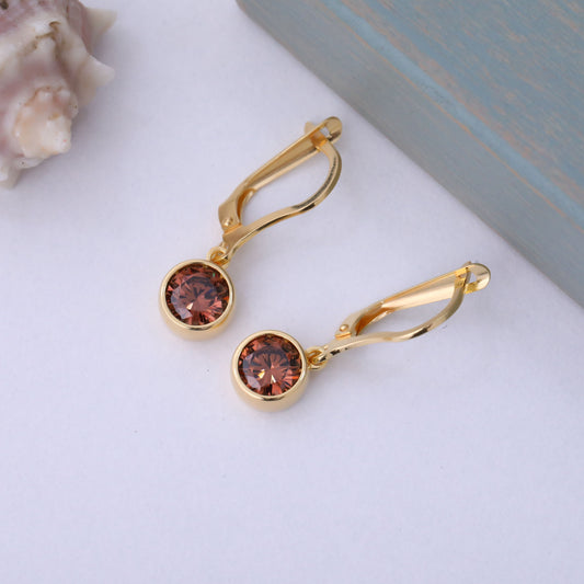 Round Smoky Quartz Bezel Dangle Earrings in 14K Solid Gold | Birthstone Jewelry