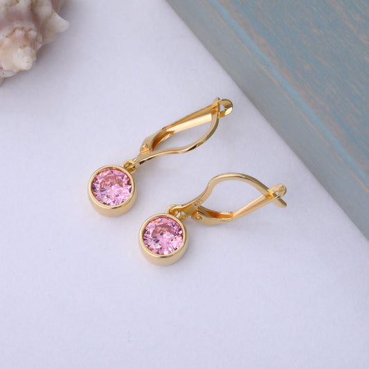 Round Pink Tourmaline Bezel Dangle Earrings in 14K Solid Gold | October Birthstone