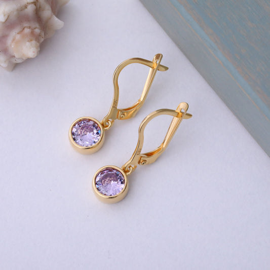 Round Alexandrite Bezel Dangle Earrings in 14K Solid Gold | June Birthstone