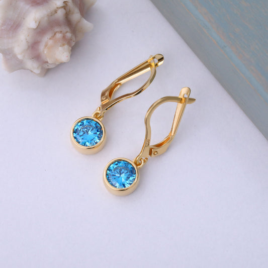 Round Blue Topaz Bezel Dangle Earrings in 14K Solid Gold | December Birthstone