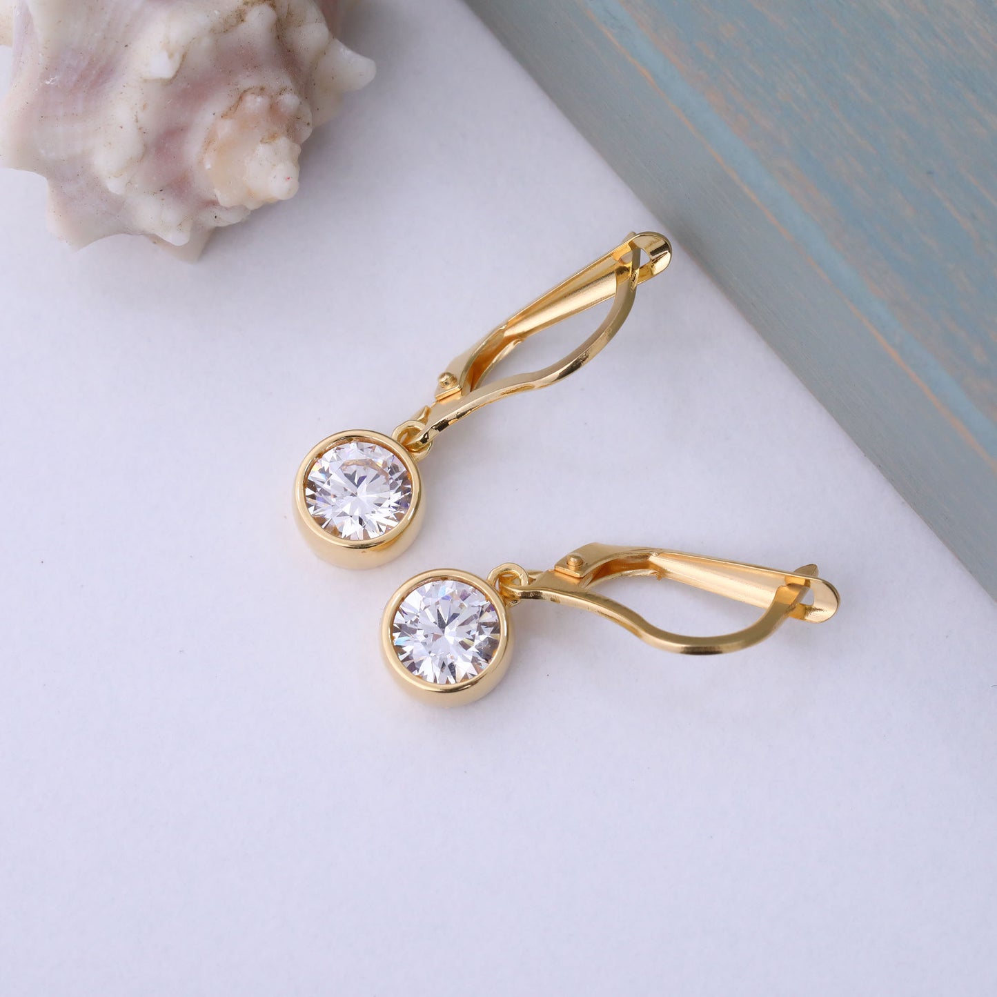 Round White Topaz Bezel Dangle Earrings in 14K Solid Gold | April Birthstone