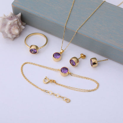 Round Amethyst Bezel Necklace in 14K Solid Gold | February Birthstone Pendant