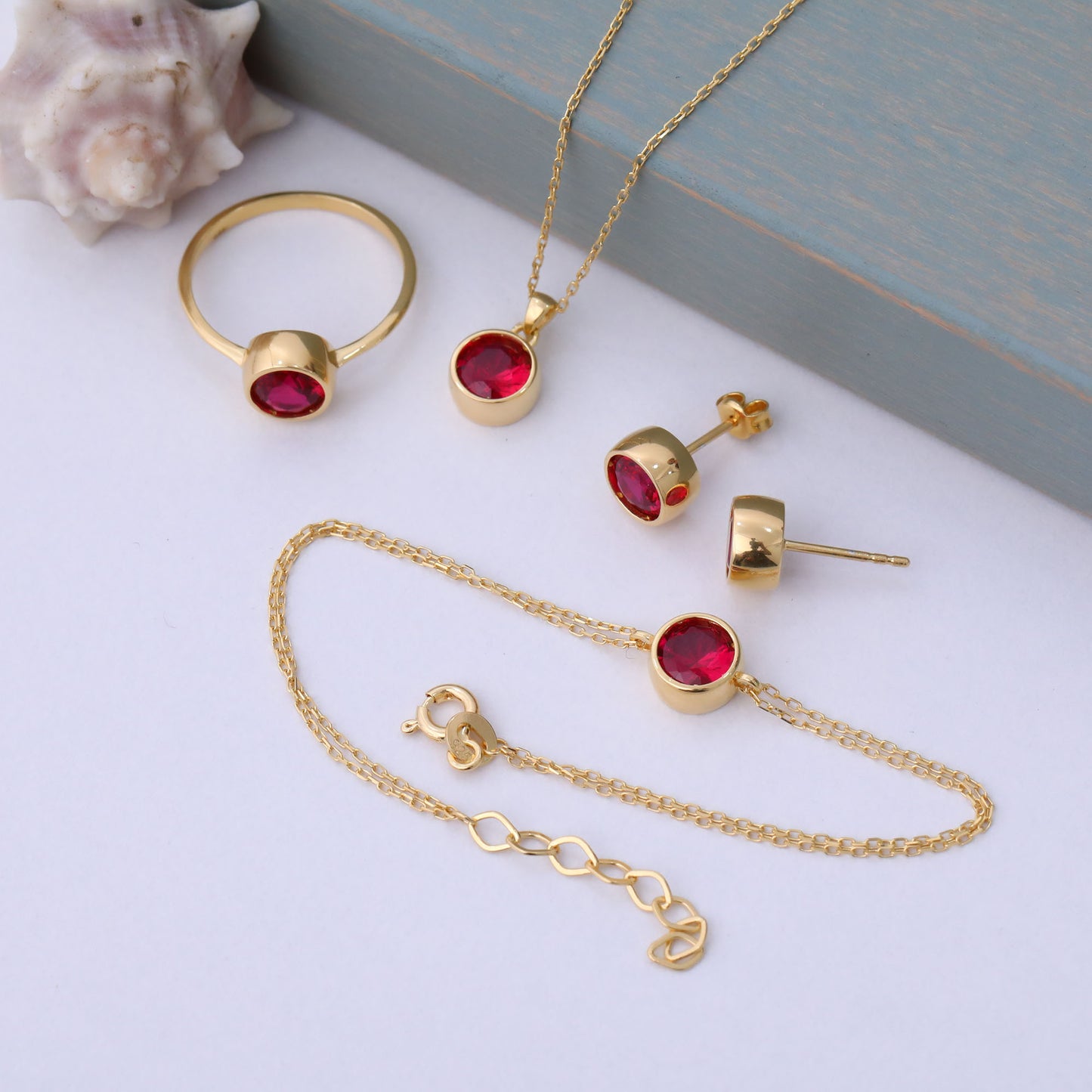 Round Ruby Bezel Stud Earrings in 14K Solid Gold | July Birthstone