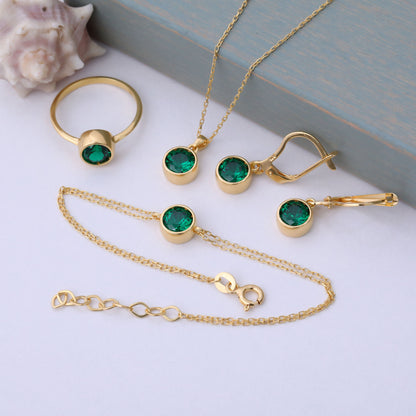 Round Emerald Bezel Necklace in 14K Solid Gold | May Birthstone Pendant