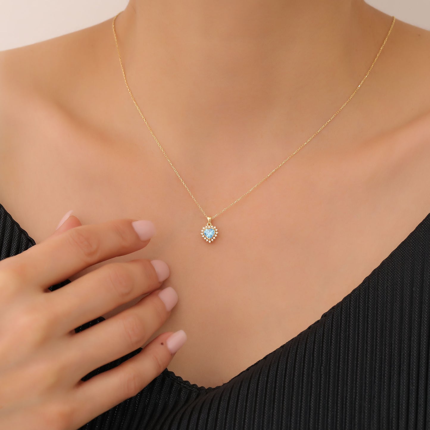 Blue Topaz Heart Necklace Surrounded by Real Diamonds in 14K Solid Gold Pendant, December Birthstone Charms