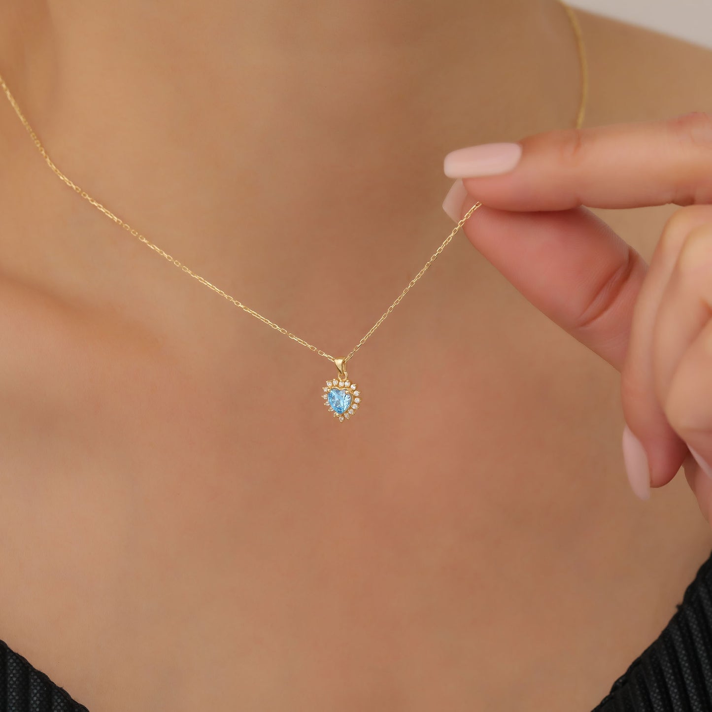 Blue Topaz Heart Necklace Surrounded by Real Diamonds in 14K Solid Gold Pendant, December Birthstone Charms