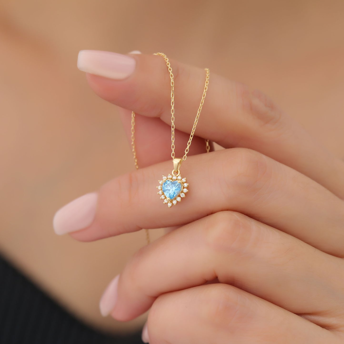 Blue Topaz Heart Necklace Surrounded by Real Diamonds in 14K Solid Gold Pendant, December Birthstone Charms