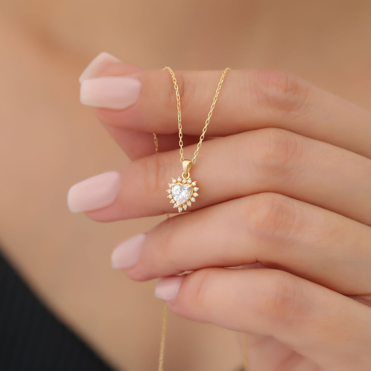 White Topaz Heart Necklace Surrounded by Real Diamonds in 14K Solid Gold Pendant, April Birthstone Charms