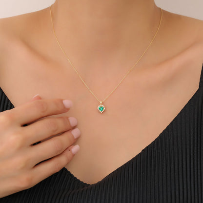 Emerald Heart Necklace Surrounded by Real Diamonds in 14K Solid Gold Pendant, May Birthstone Charms