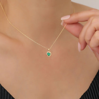 Emerald Heart Necklace Surrounded by Real Diamonds in 14K Solid Gold Pendant, May Birthstone Charms