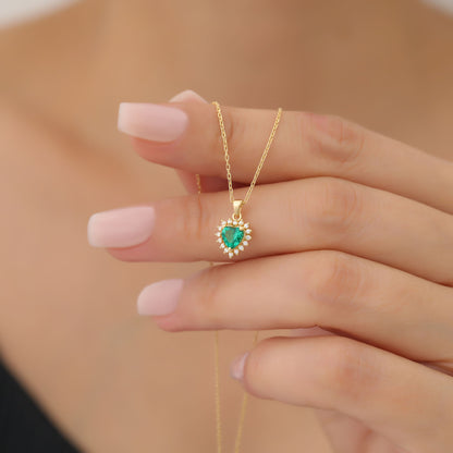 Emerald Heart Necklace Surrounded by Real Diamonds in 14K Solid Gold Pendant, May Birthstone Charms