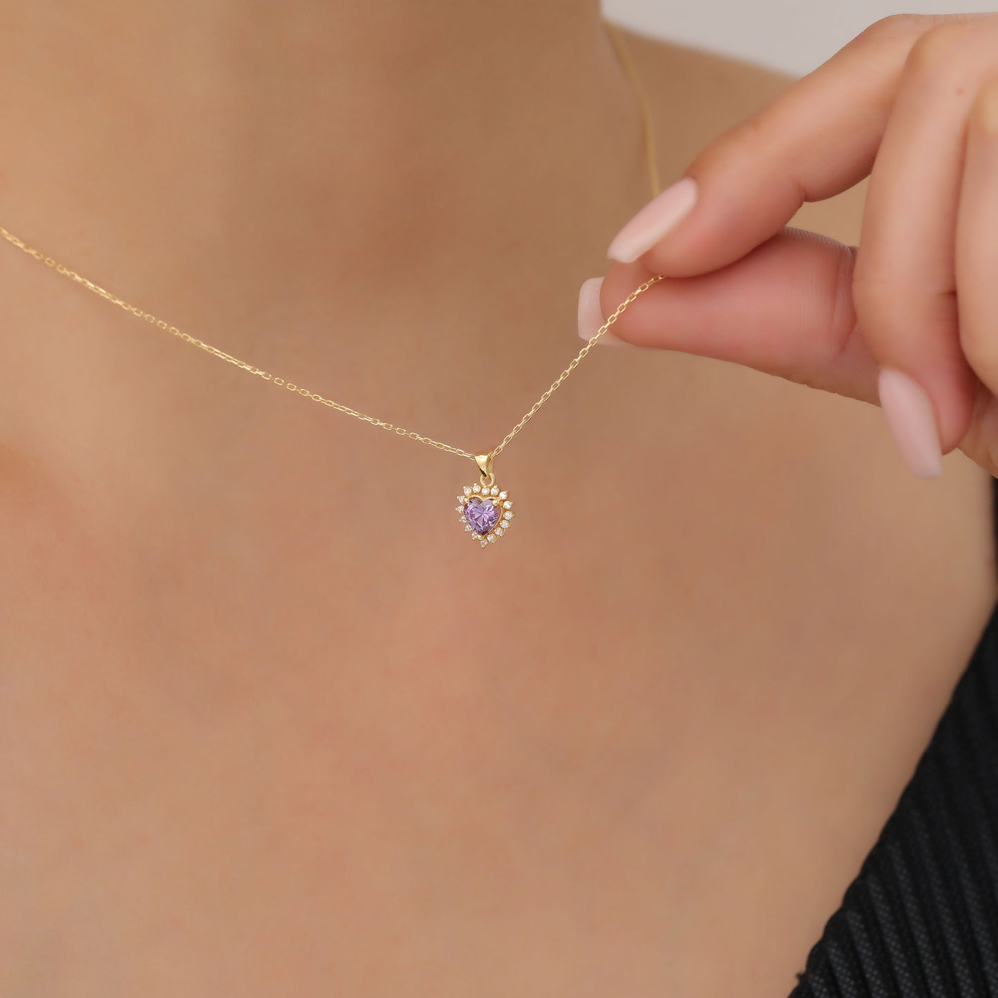 Amethyst Heart Necklace Surrounded by Real Diamonds in 14K Solid Gold Pendant, February Birthstone Charms