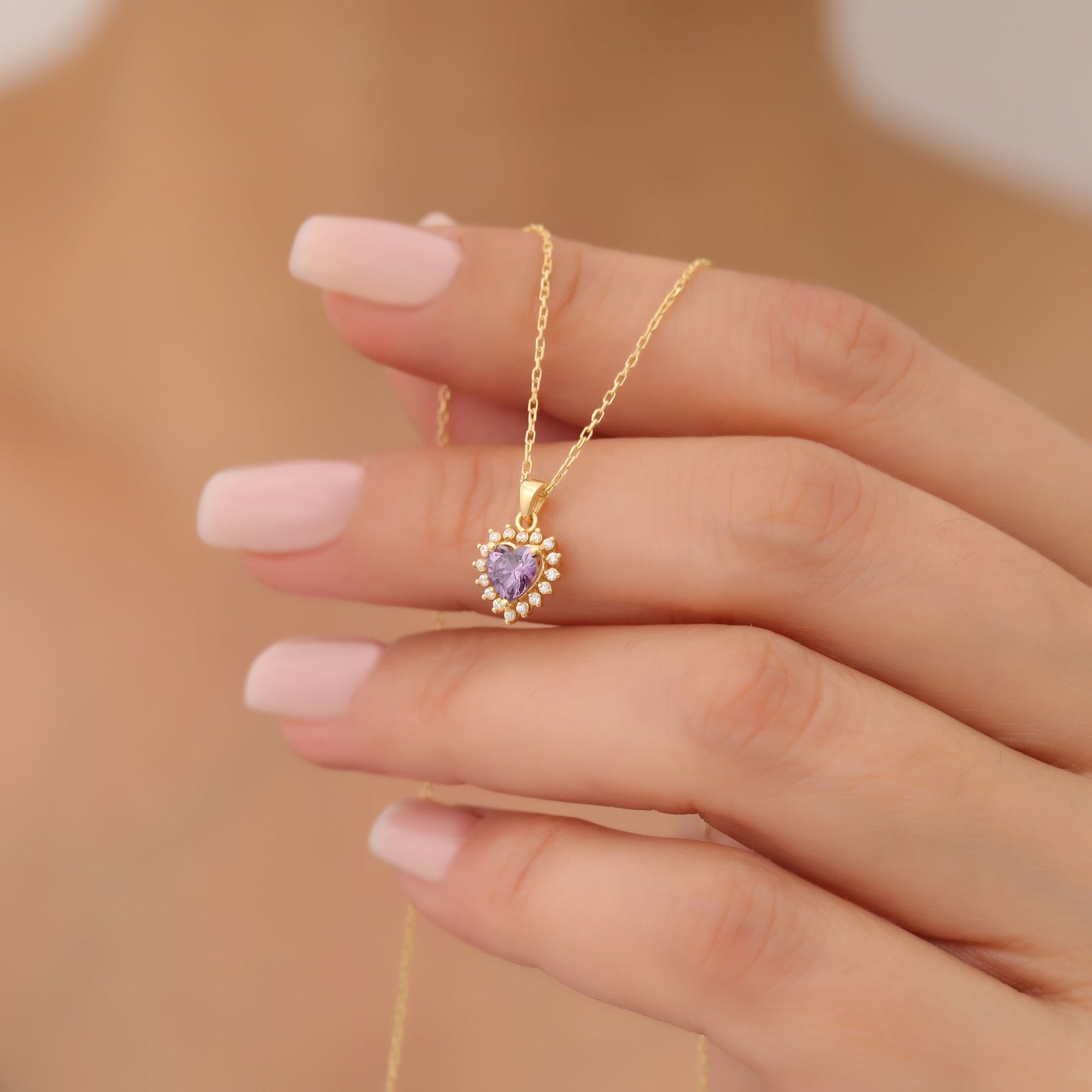 Amethyst Heart Necklace Surrounded by Real Diamonds in 14K Solid Gold Pendant, February Birthstone Charms