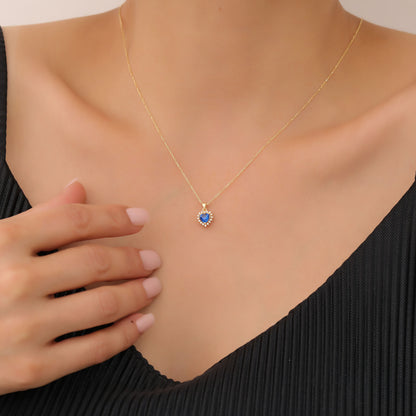 Sapphire Heart Necklace Surrounded by Real Diamonds in 14K Solid Gold Pendant, September Birthstone Charms