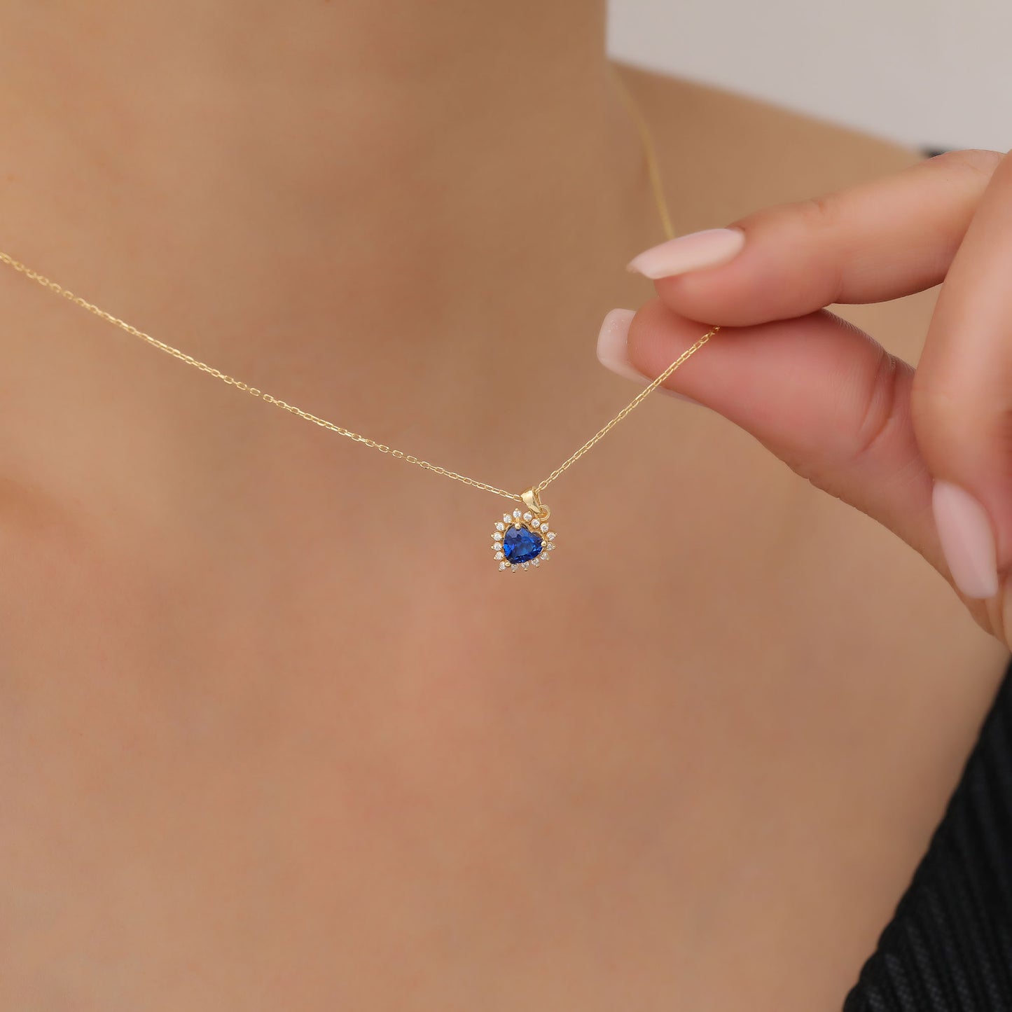 Sapphire Heart Necklace Surrounded by Real Diamonds in 14K Solid Gold Pendant, September Birthstone Charms