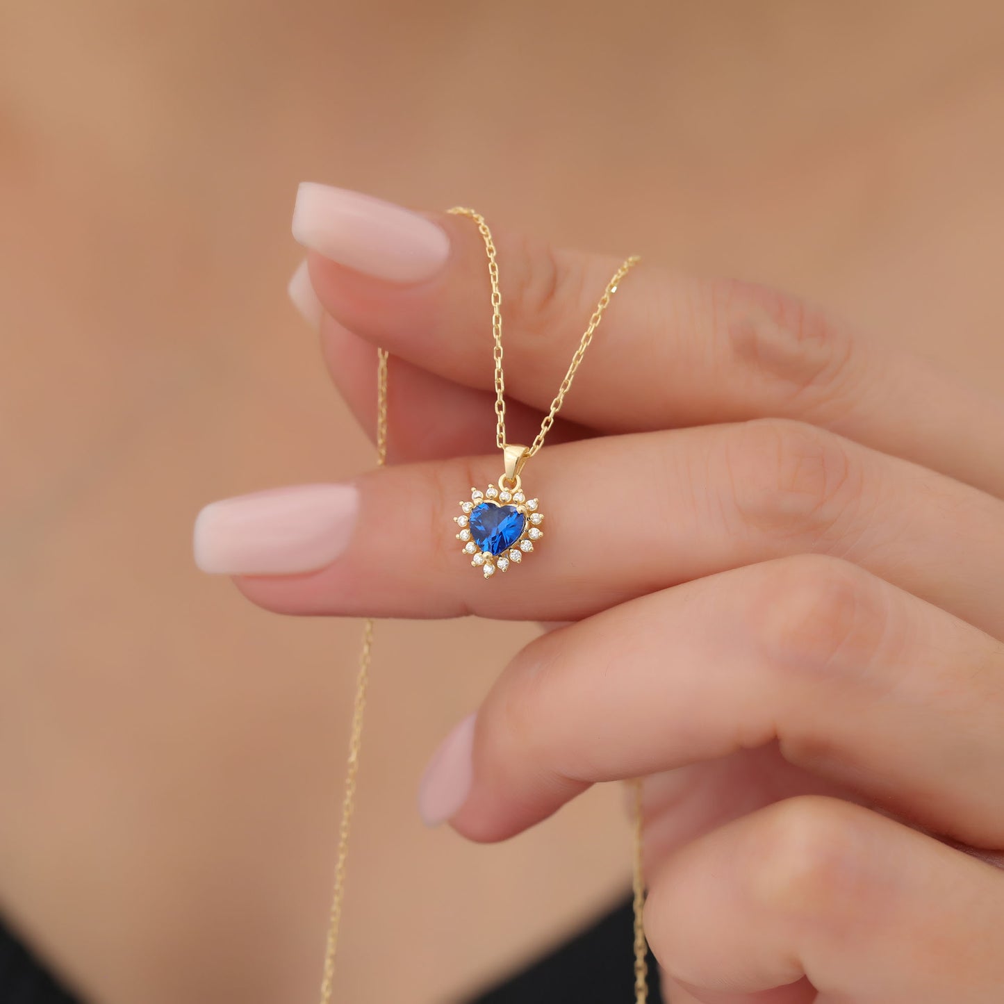 Sapphire Heart Necklace Surrounded by Real Diamonds in 14K Solid Gold Pendant, September Birthstone Charms