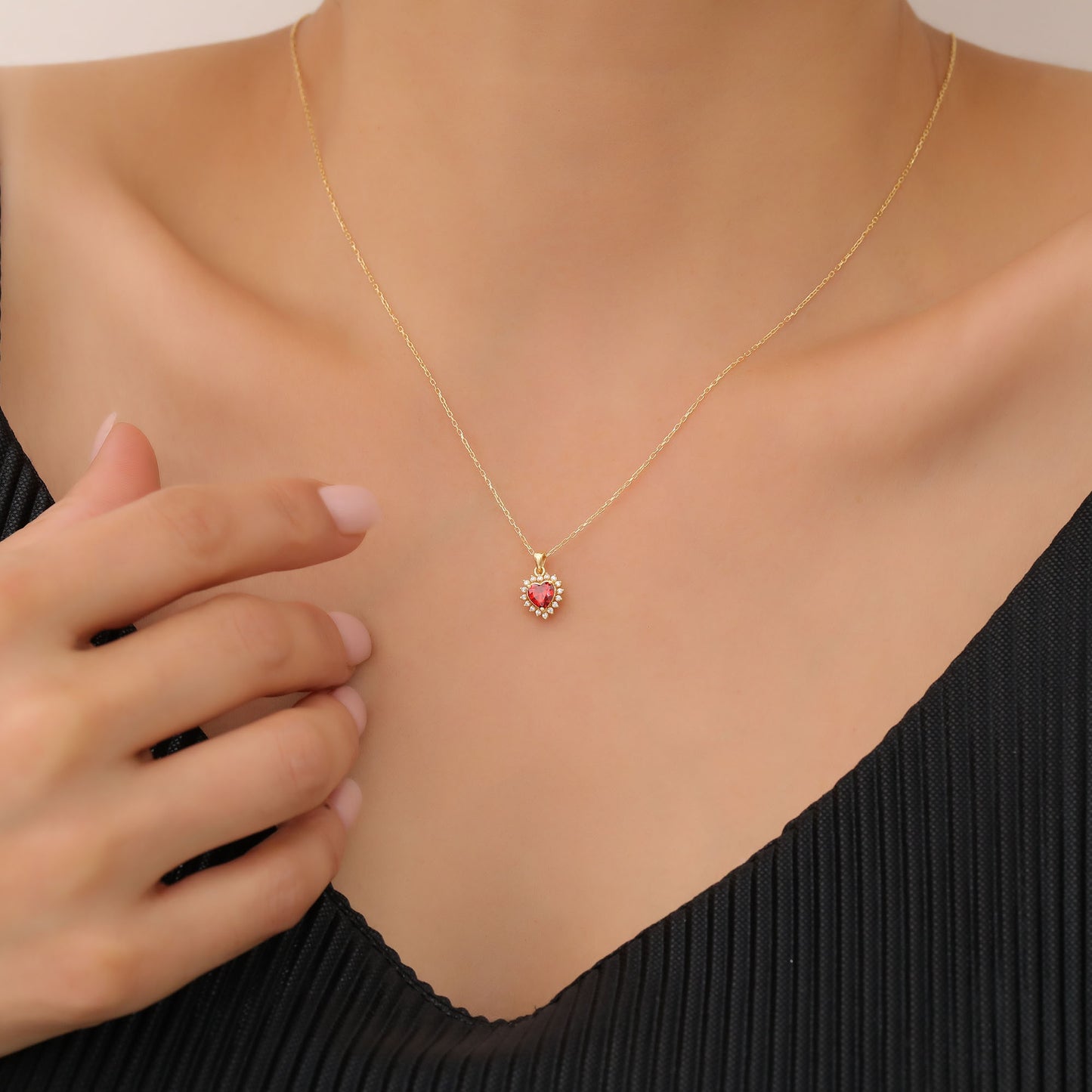 Garnet Heart Necklace Surrounded by Real Diamonds in 14K Solid Gold Pendant, January Birthstone Charms