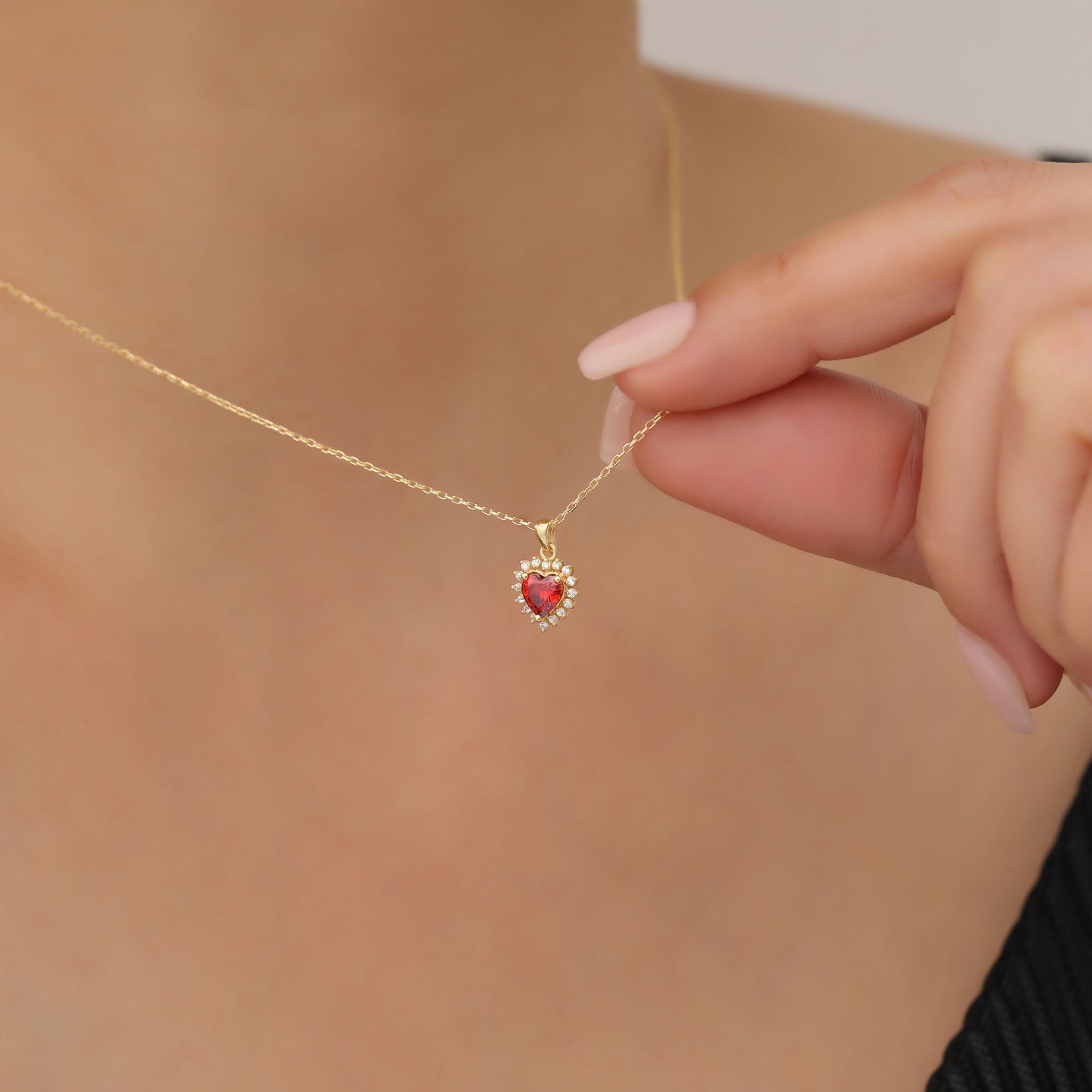 Garnet Heart Necklace Surrounded by Real Diamonds in 14K Solid Gold Pendant, January Birthstone Charms