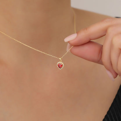 Garnet Heart Necklace Surrounded by Real Diamonds in 14K Solid Gold Pendant, January Birthstone Charms