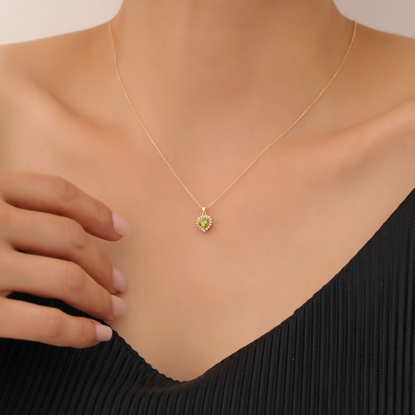 Peridot Heart Necklace Surrounded by Real Diamonds in 14K Solid Gold Pendant, August Birthstone Charms