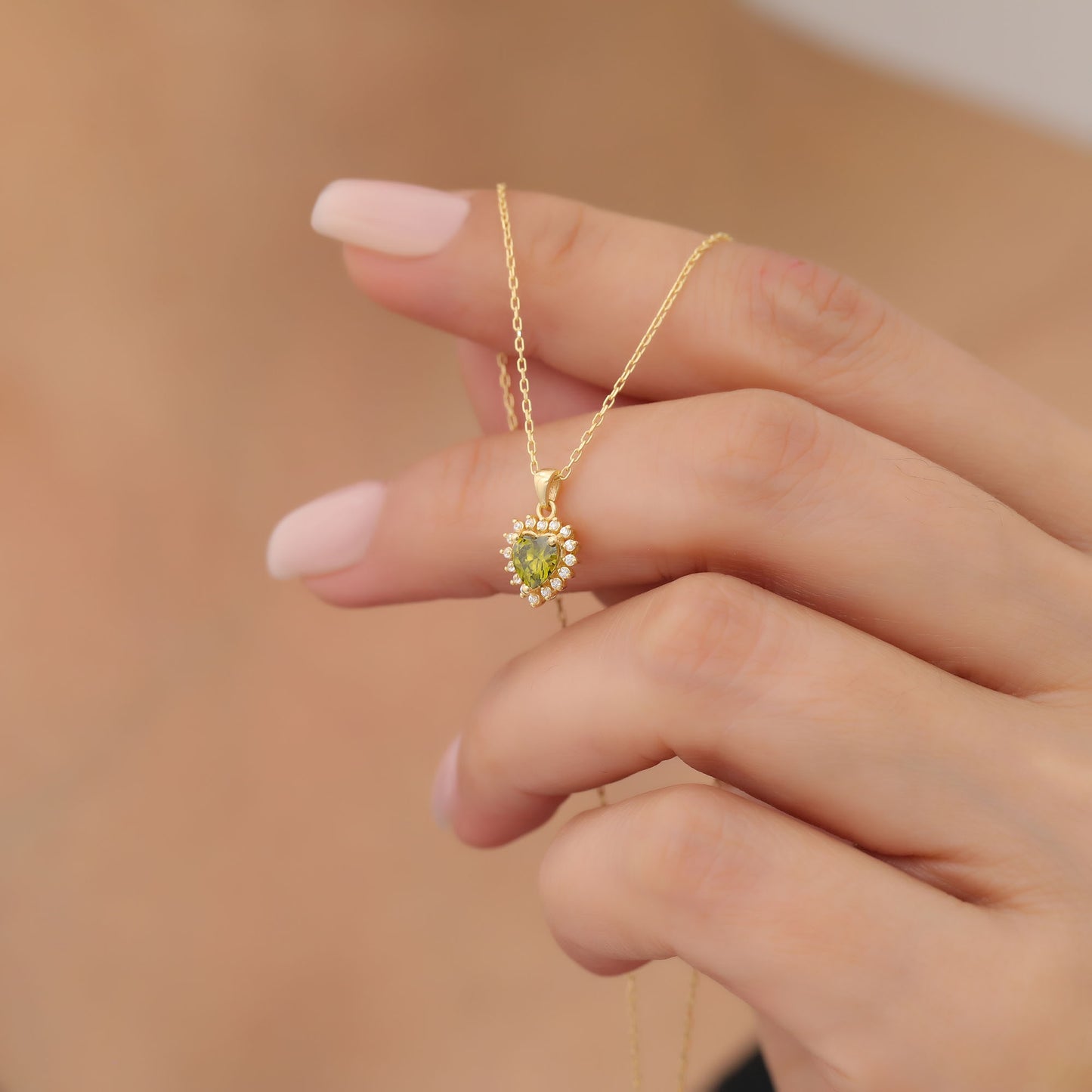 Peridot Heart Necklace Surrounded by Real Diamonds in 14K Solid Gold Pendant, August Birthstone Charms