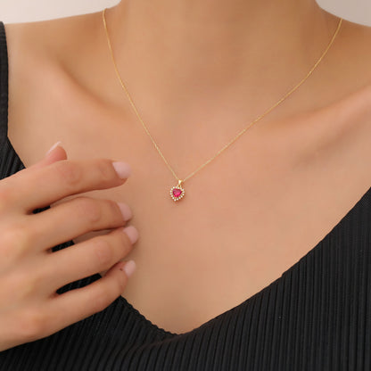 Ruby Heart Necklace Surrounded by Real Diamonds in 14K Solid Gold Pendant, July Birthstone Charms